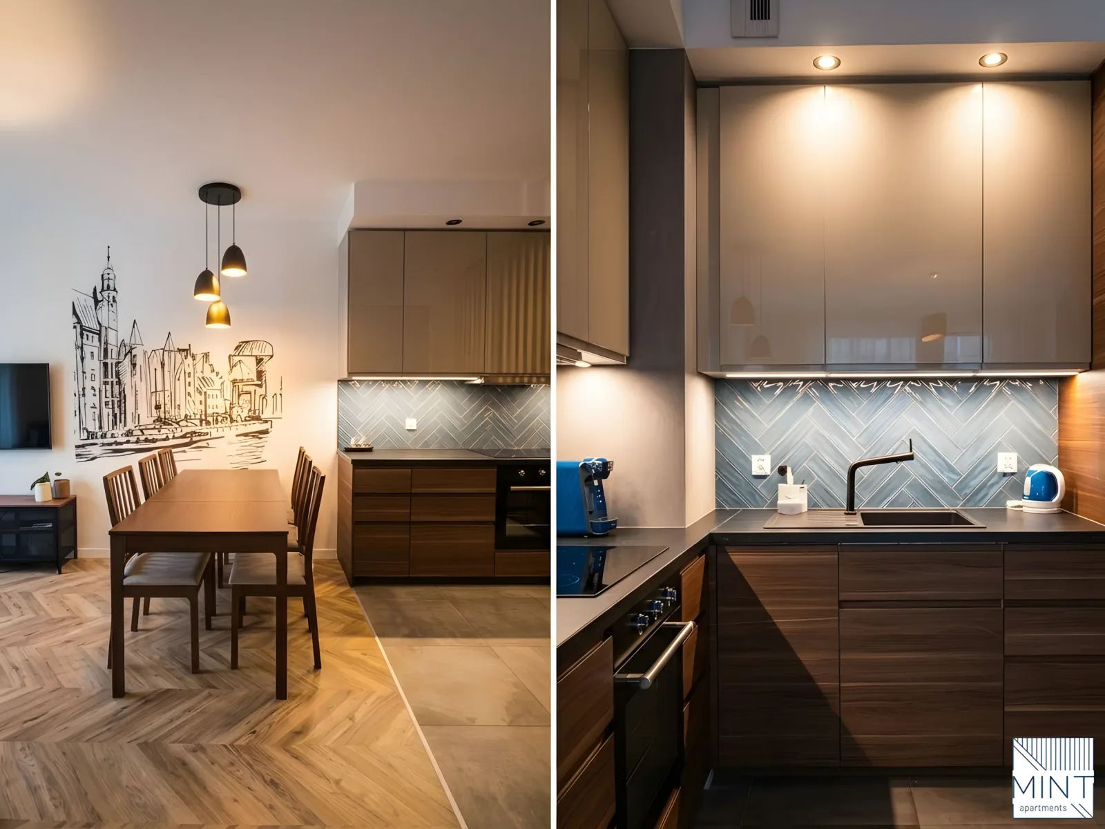 Apartament Bastion Wałowa — kuchnia połączona z jadalnią