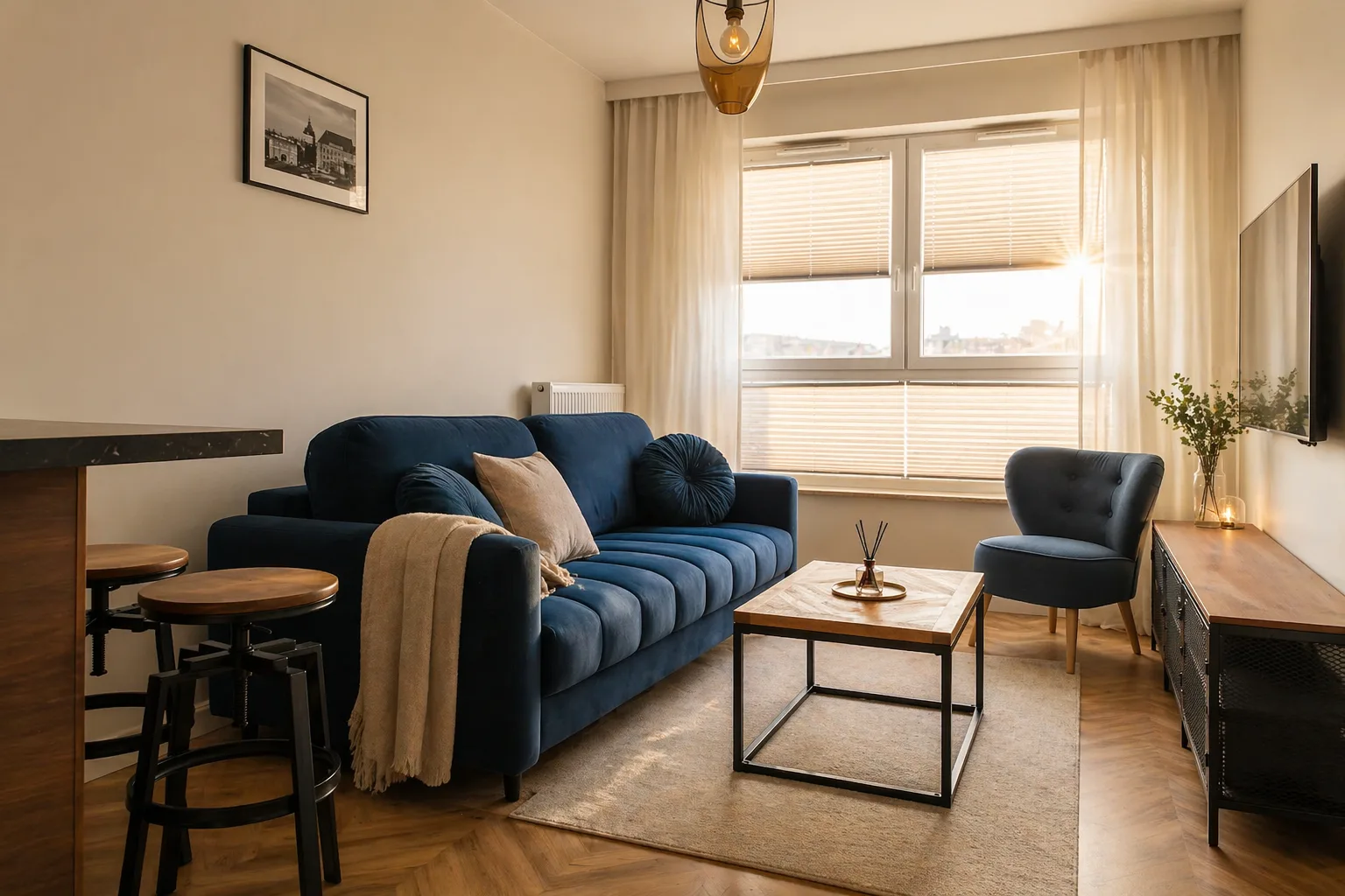 Apartament Suite Bastion Wałowa — jasny salon z kanapą i telewizorem
