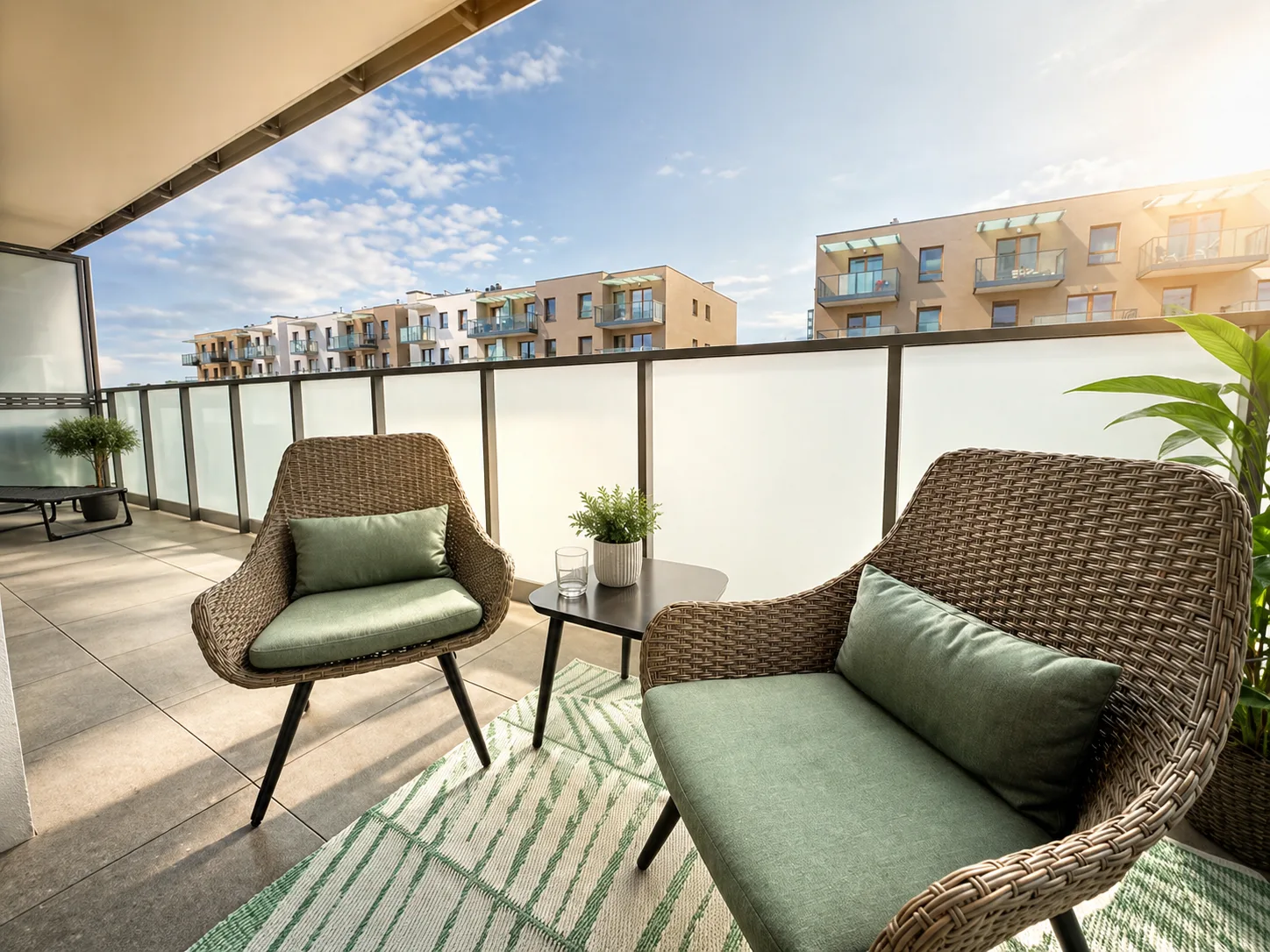 Apartament blisko morza — balkon w słońcu z widokiem na okolicę