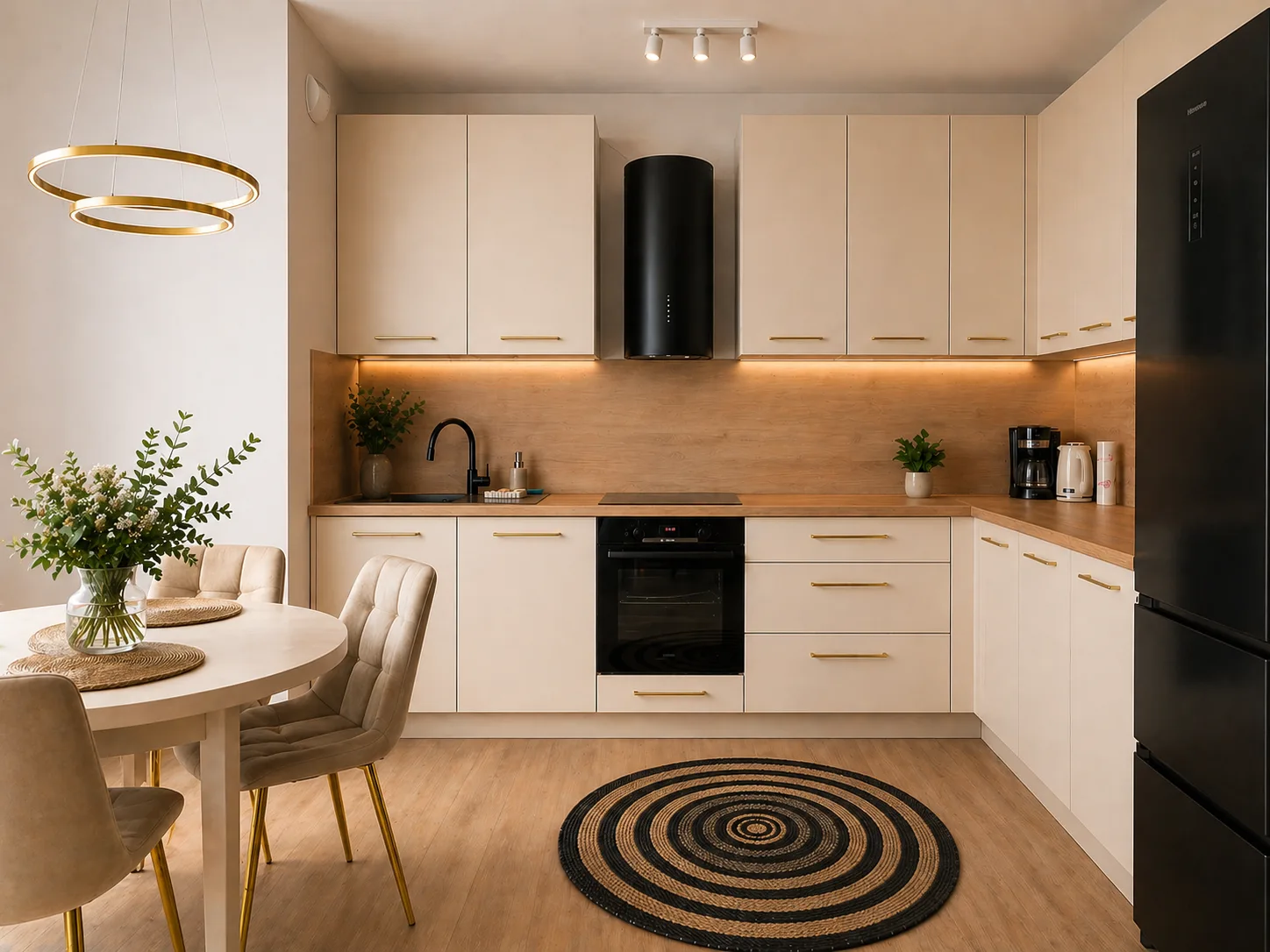 Apartament blisko morza — jadalnia połączona z aneksem kuchennym