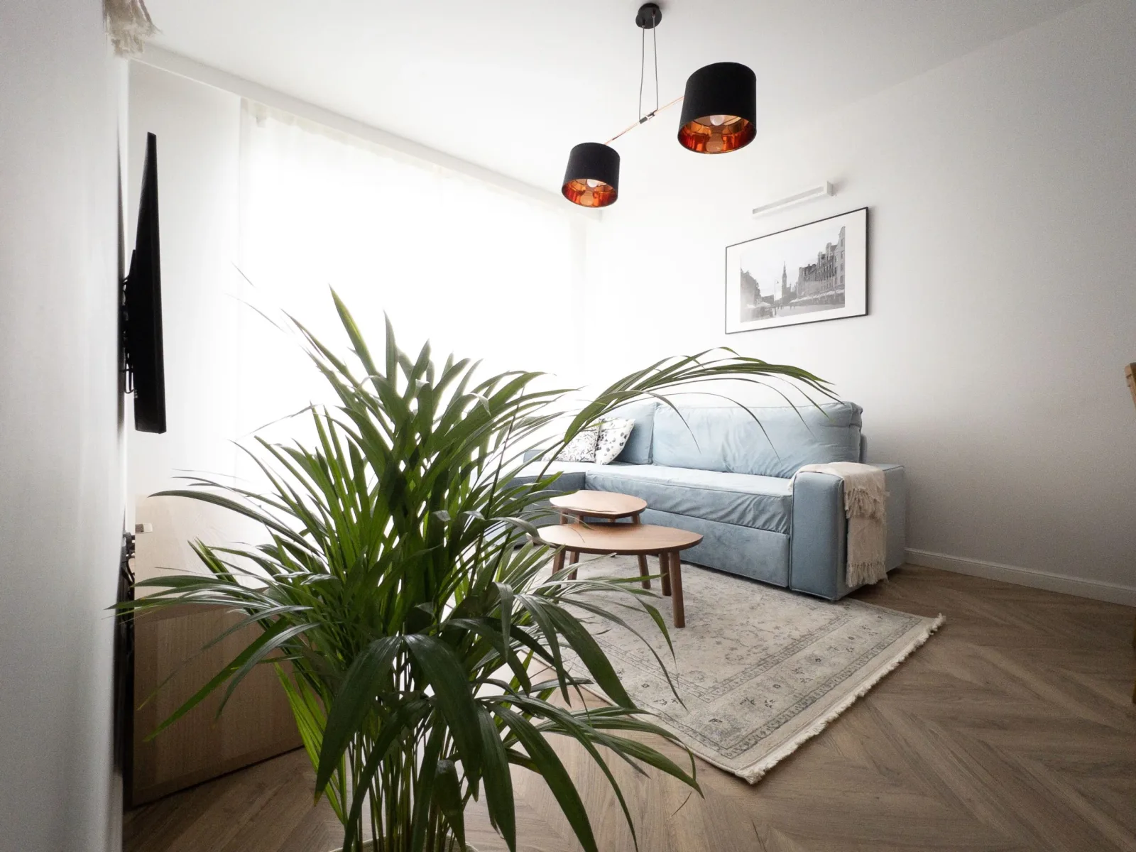 Apartament Deluxe Bastion Wałowa — salon z kanapą, widok z balkonu