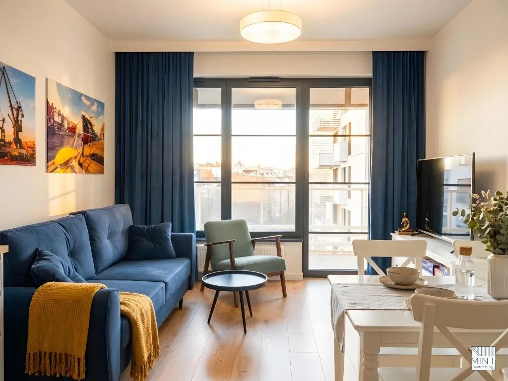 Apartament z patio na Dokach — fotel w salonie z widokiem na patio i miasto