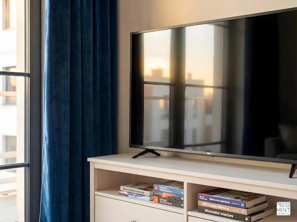 Apartament z patio na Dokach — salon z telewizorem