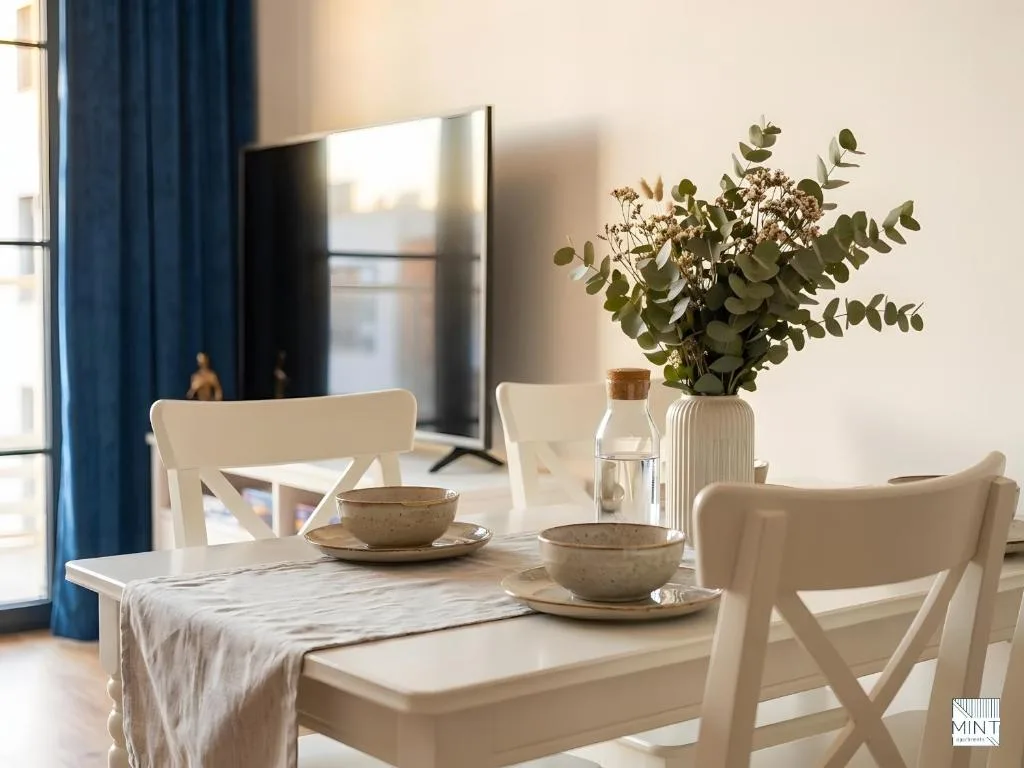 Apartament z patio na Dokach — stół jadalniany dla sześciu osób