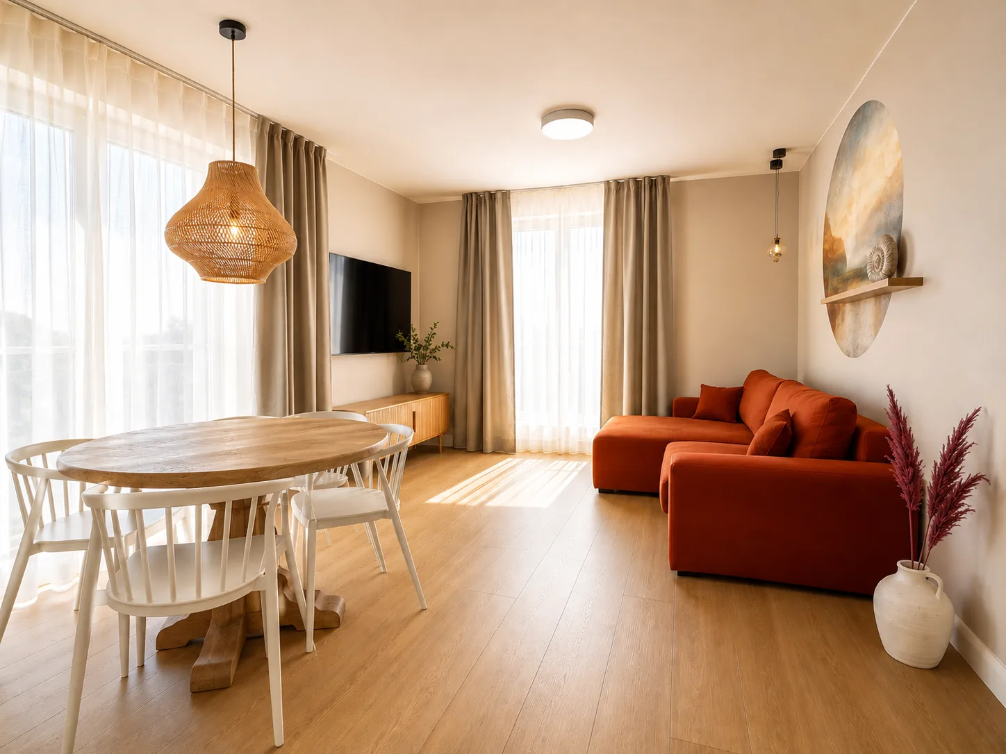 Mint Apartments Seaside — salon z dekoracją ścienną