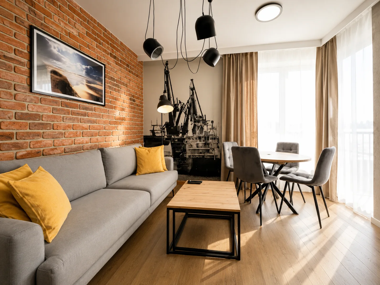 Apartament rodzinny DOKI — salon z kanapą i telewizorem