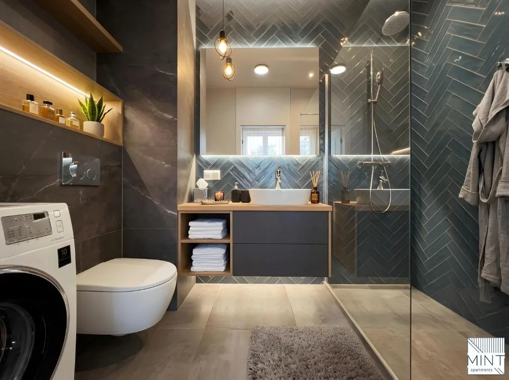 Apartament z widokiem na ogród — łazienka z prysznicem, toaletą i lustrem