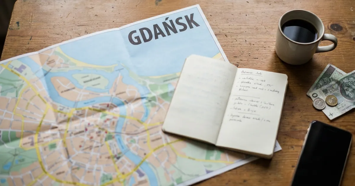 Planowanie wyjazdu do Gdańska — mapa miasta, notatnik, kawa i polskie banknoty na stole
