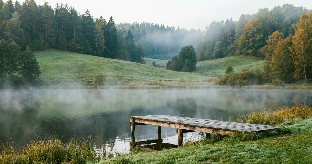 Jezioro z drewnianym pomostem otoczone zalesionymi wzgórzami we mgle o poranku na Kaszubach