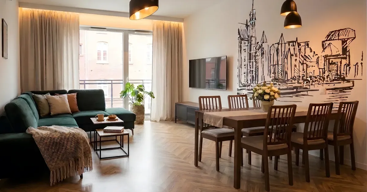 Stół jadalniany z kompletem krzeseł i zielona narożna sofa w salonie apartamentu Bastion Wałowa — przestronne wnętrze na wspólny wieczór większej grupy gości
