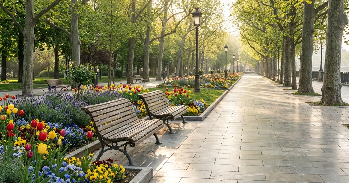 Spokojna promenada parkowa z ławkami i rabatami kwiatowymi